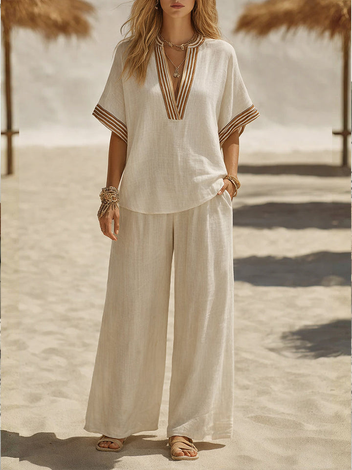 Hannah - Boho Women's Linen Set with Striped V-Neck Top and Wide Leg Trousers