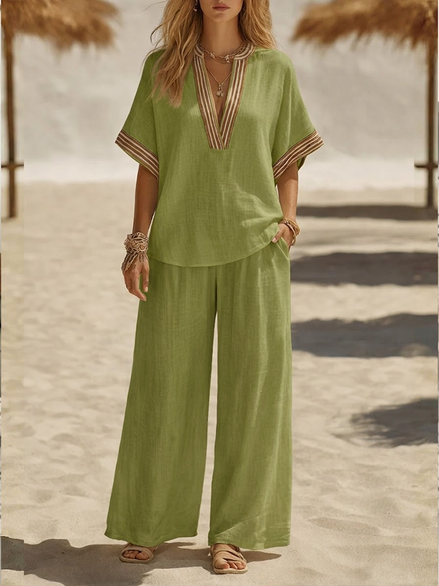 Hannah - Boho Women's Linen Set with Striped V-Neck Top and Wide Leg Trousers
