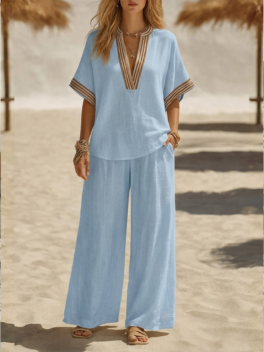 Hannah - Boho Women's Linen Set with Striped V-Neck Top and Wide Leg Trousers