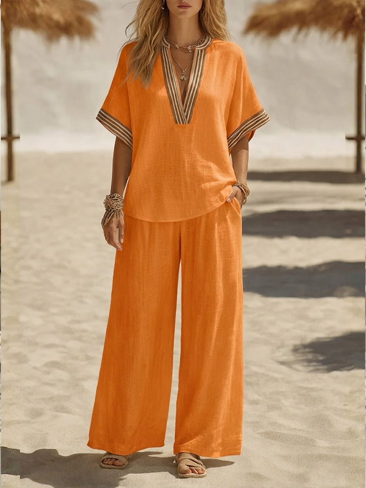 Hannah - Boho Women's Linen Set with Striped V-Neck Top and Wide Leg Trousers