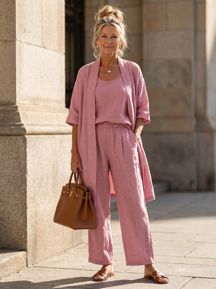 Hannah - Boho Women's Relaxed Linen 3-Piece Set with Kimono Cardigan and Wide Trousers