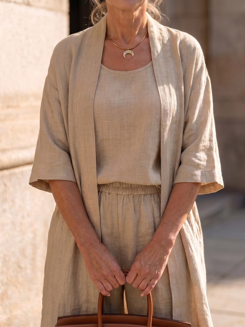 Hannah - Boho Women's Relaxed Linen 3-Piece Set with Kimono Cardigan and Wide Trousers