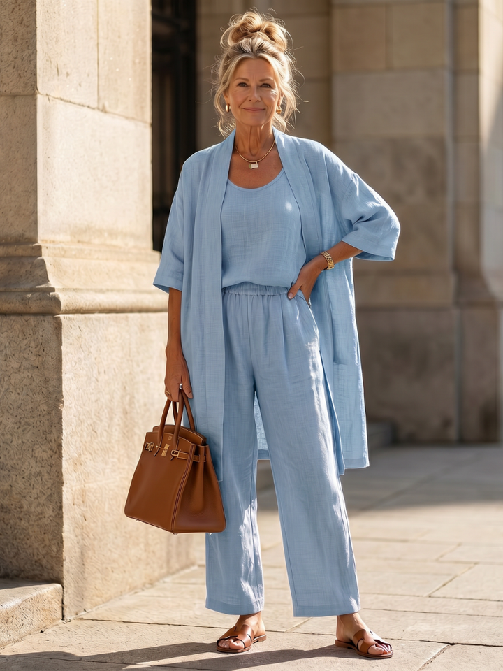 Hannah - Boho Women's Relaxed Linen 3-Piece Set with Kimono Cardigan and Wide Trousers