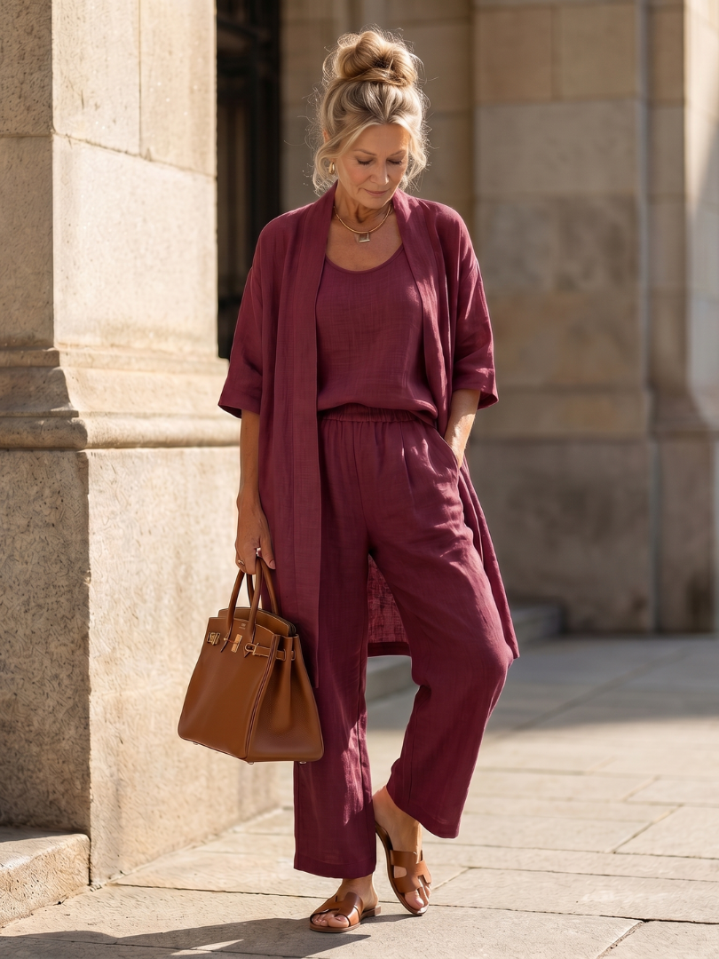 Hannah - Boho Women's Relaxed Linen 3-Piece Set with Kimono Cardigan and Wide Trousers