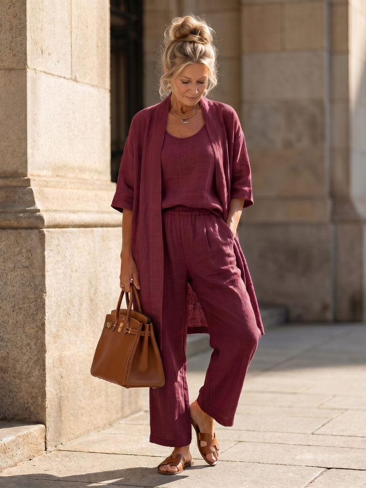 Hannah - Boho Women's Relaxed Linen 3-Piece Set with Kimono Cardigan and Wide Trousers