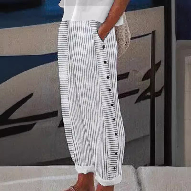 Hannah - Casual Women's Linen Trousers with Striped Wide Leg and Button Trim