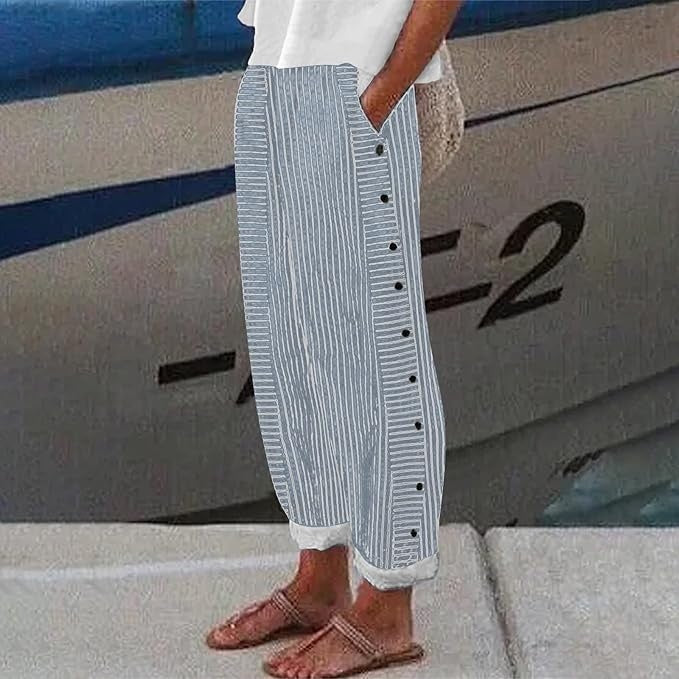 Hannah - Casual Women's Linen Trousers with Striped Wide Leg and Button Trim