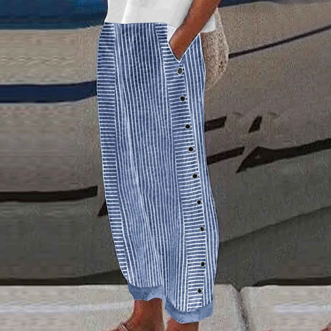 Hannah - Casual Women's Linen Trousers with Striped Wide Leg and Button Trim