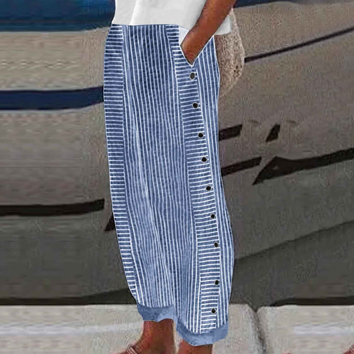 Hannah - Casual Women's Linen Trousers with Striped Wide Leg and Button Trim