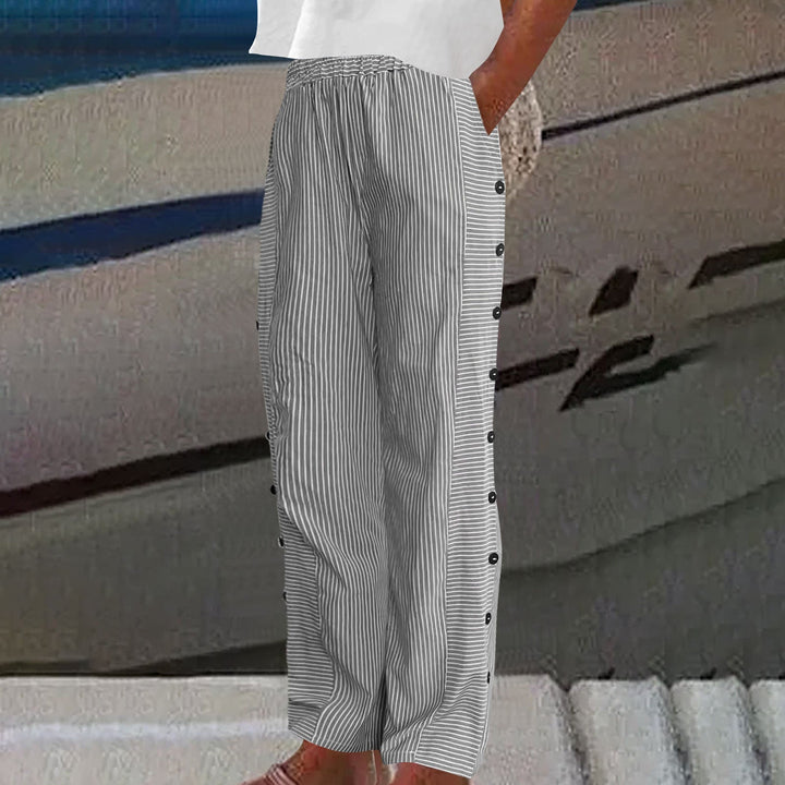 Hannah - Casual Women's Linen Trousers with Striped Wide Leg and Button Trim