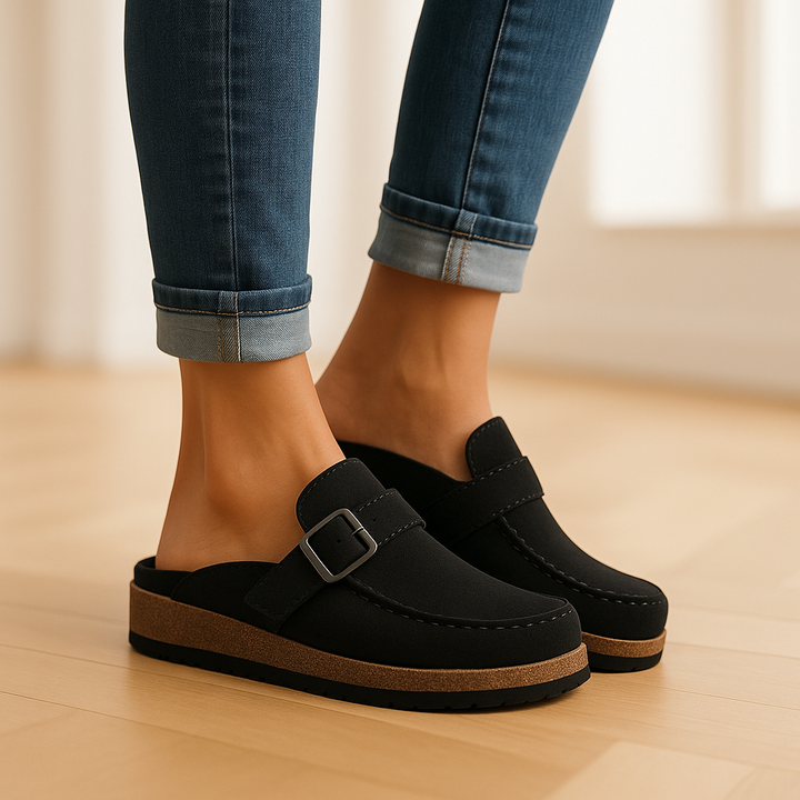 Hannah - Casual Women's Orthopedic Clogs with Buckle Strap and Cork Platform Sole
