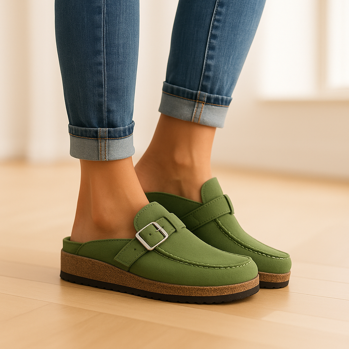 Hannah - Casual Women's Orthopedic Clogs with Buckle Strap and Cork Platform Sole