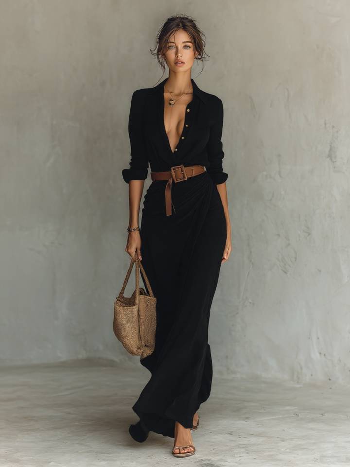 Hannah - Chic Women's Maxi Dress with Collar Neckline and Belt and Draped Skirt