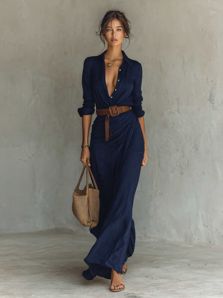 Hannah - Chic Women's Maxi Dress with Collar Neckline and Belt and Draped Skirt