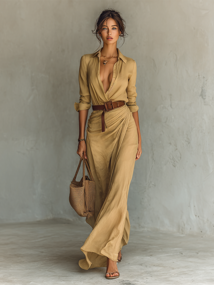 Hannah - Chic Women's Maxi Dress with Collar Neckline and Belt and Draped Skirt