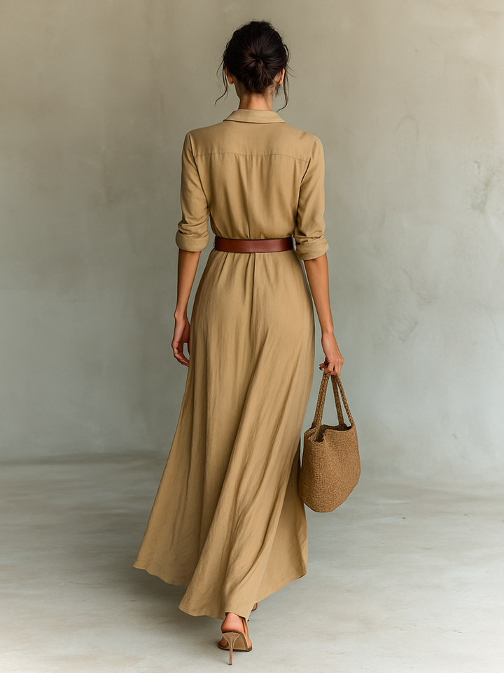 Hannah - Chic Women's Maxi Dress with Collar Neckline and Belt and Draped Skirt