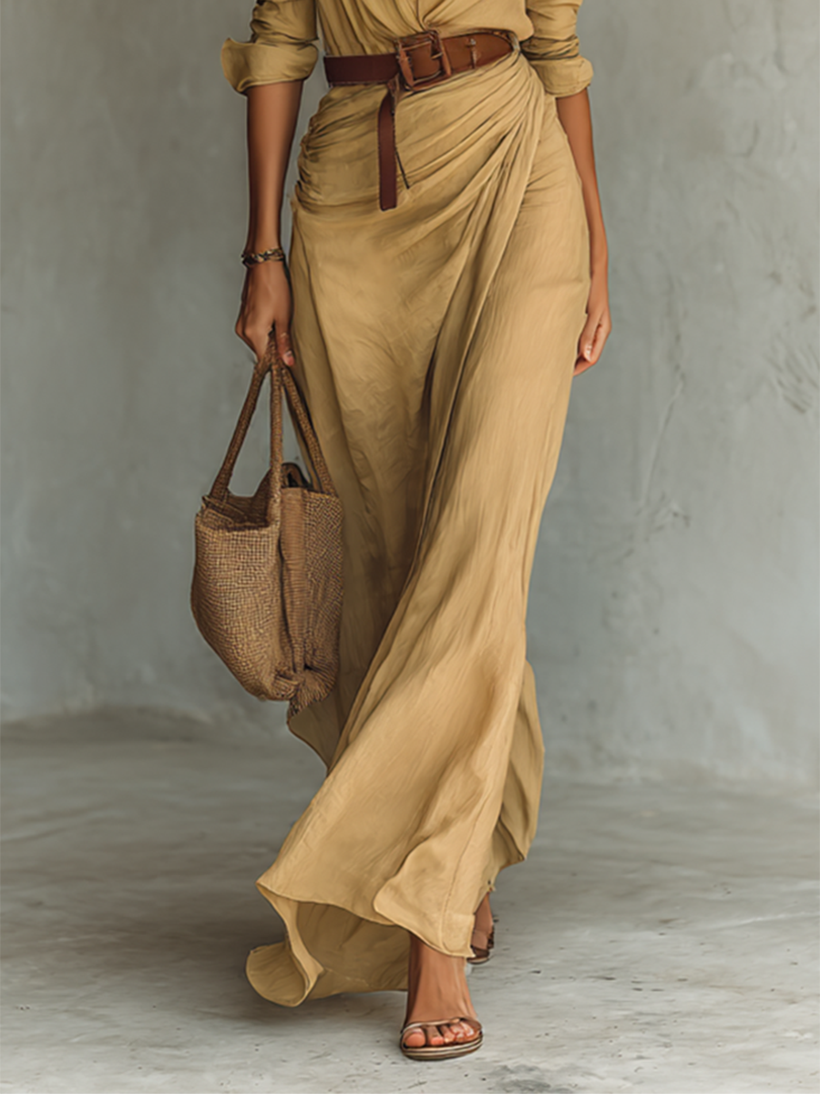 Hannah - Chic Women's Maxi Dress with Collar Neckline and Belt and Draped Skirt
