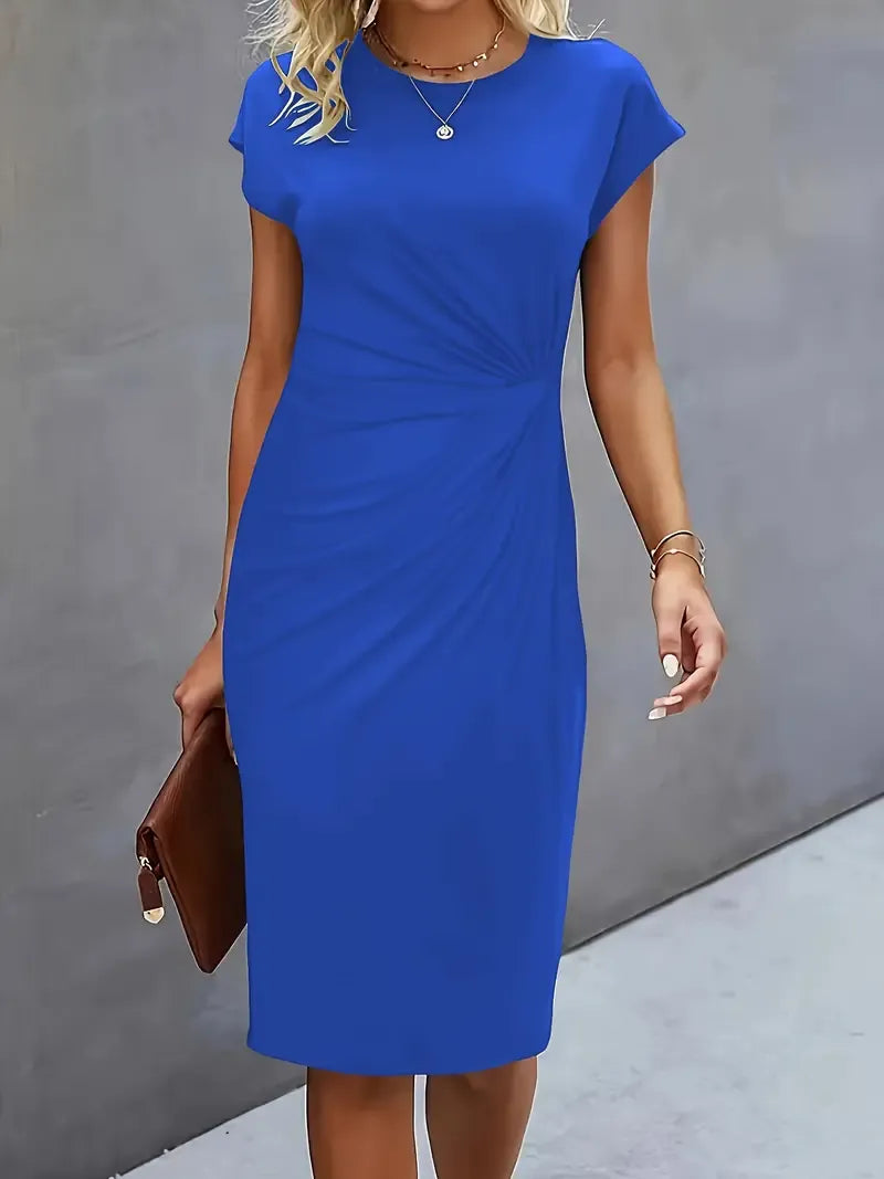Hannah - Elegant Women's Wedding Guest Dress with Ruched Waist and Cap Sleeves
