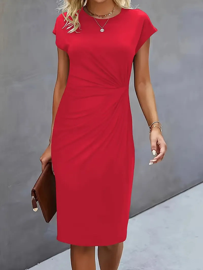 Hannah - Elegant Women's Wedding Guest Dress with Ruched Waist and Cap Sleeves