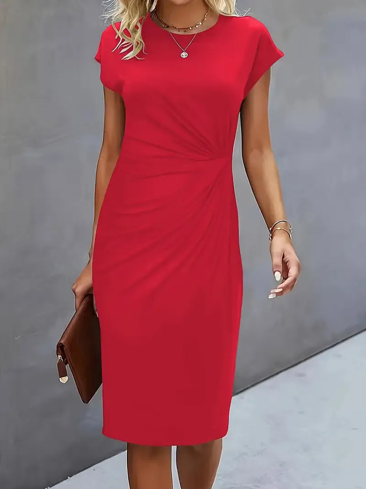 Hannah - Elegant Women's Wedding Guest Dress with Ruched Waist and Cap Sleeves