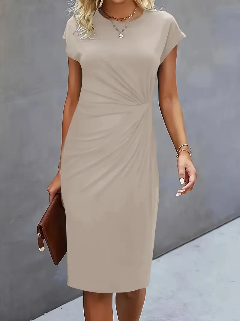 Hannah - Elegant Women's Wedding Guest Dress with Ruched Waist and Cap Sleeves