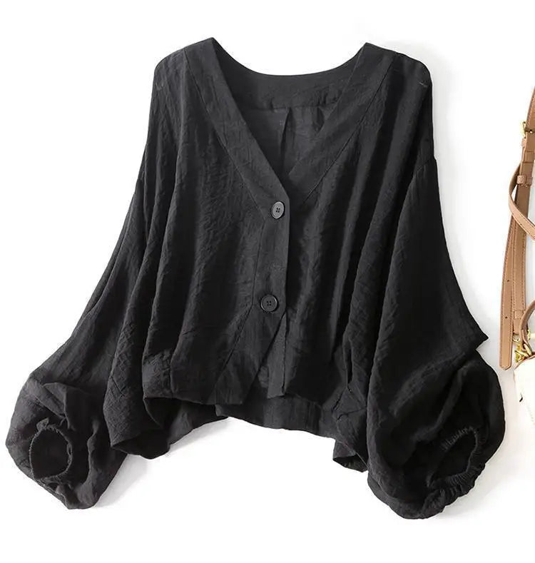 Hannah - Oversized Women's Linen Blouse with V-Neck and Billowed Sleeves