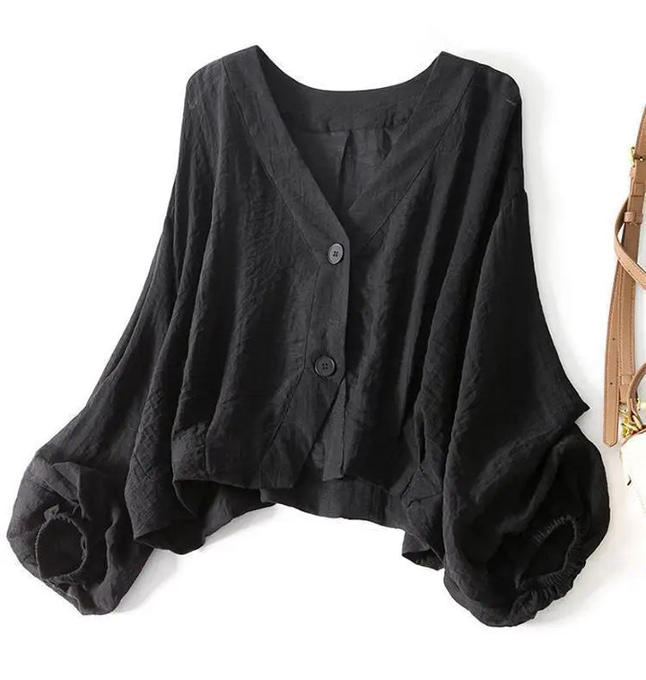 Hannah - Oversized Women's Linen Blouse with V-Neck and Billowed Sleeves