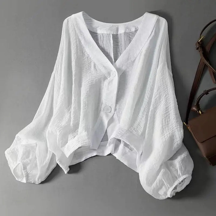 Hannah - Oversized Women's Linen Blouse with V-Neck and Billowed Sleeves