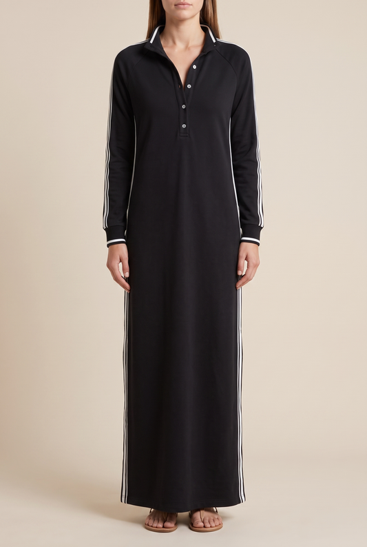 Hannah - Preppy Wedding Guest Dress for Women with Polo Collar and Striped Sleeves