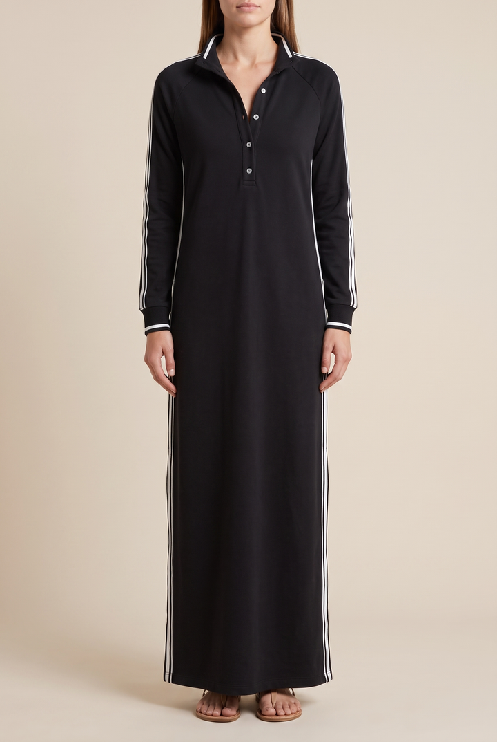 Hannah - Preppy Wedding Guest Dress for Women with Polo Collar and Striped Sleeves