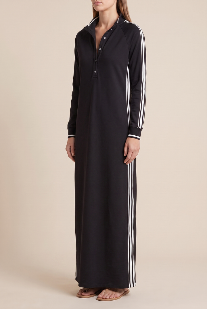 Hannah - Preppy Wedding Guest Dress for Women with Polo Collar and Striped Sleeves