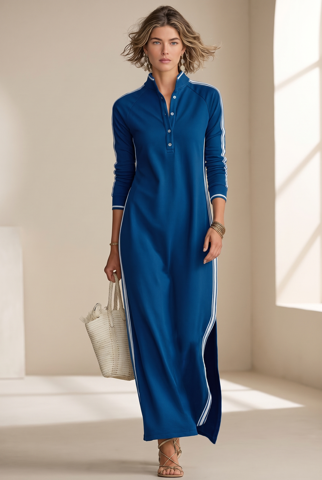 Hannah - Preppy Wedding Guest Dress for Women with Polo Collar and Striped Sleeves