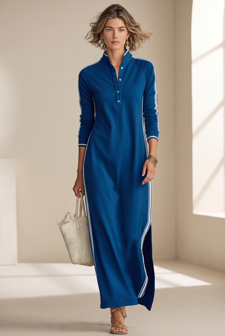 Hannah - Preppy Wedding Guest Dress for Women with Polo Collar and Striped Sleeves