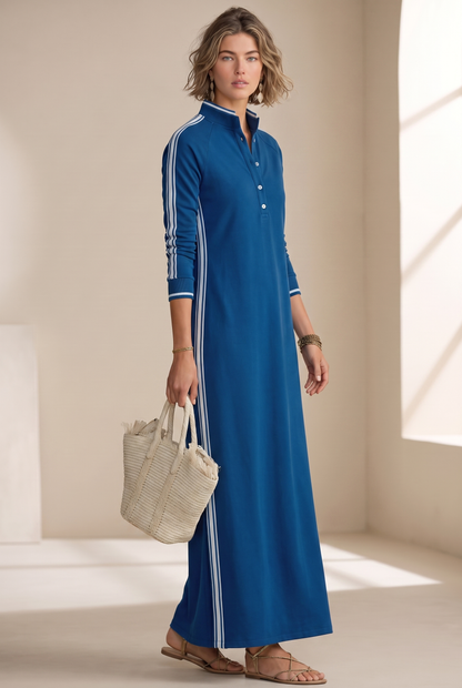 Hannah - Preppy Wedding Guest Dress for Women with Polo Collar and Striped Sleeves