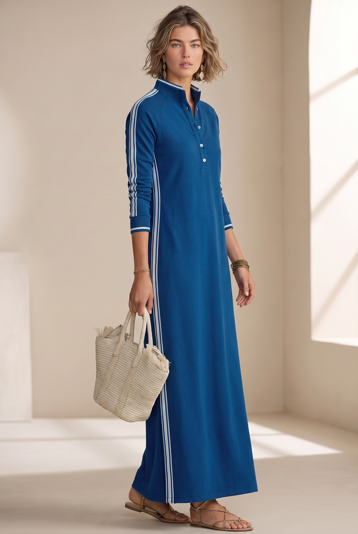 Hannah - Preppy Wedding Guest Dress for Women with Polo Collar and Striped Sleeves
