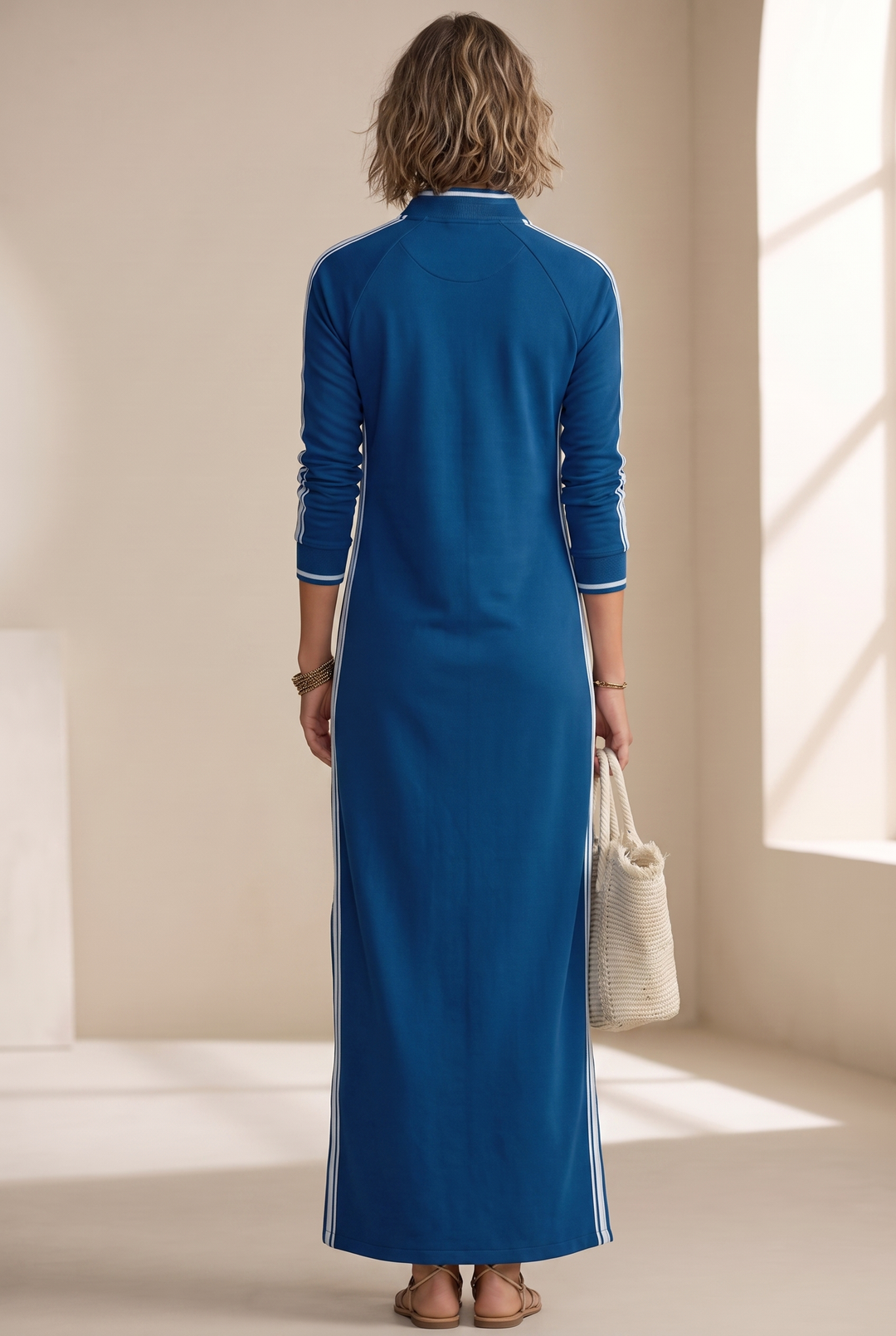 Hannah - Preppy Wedding Guest Dress for Women with Polo Collar and Striped Sleeves