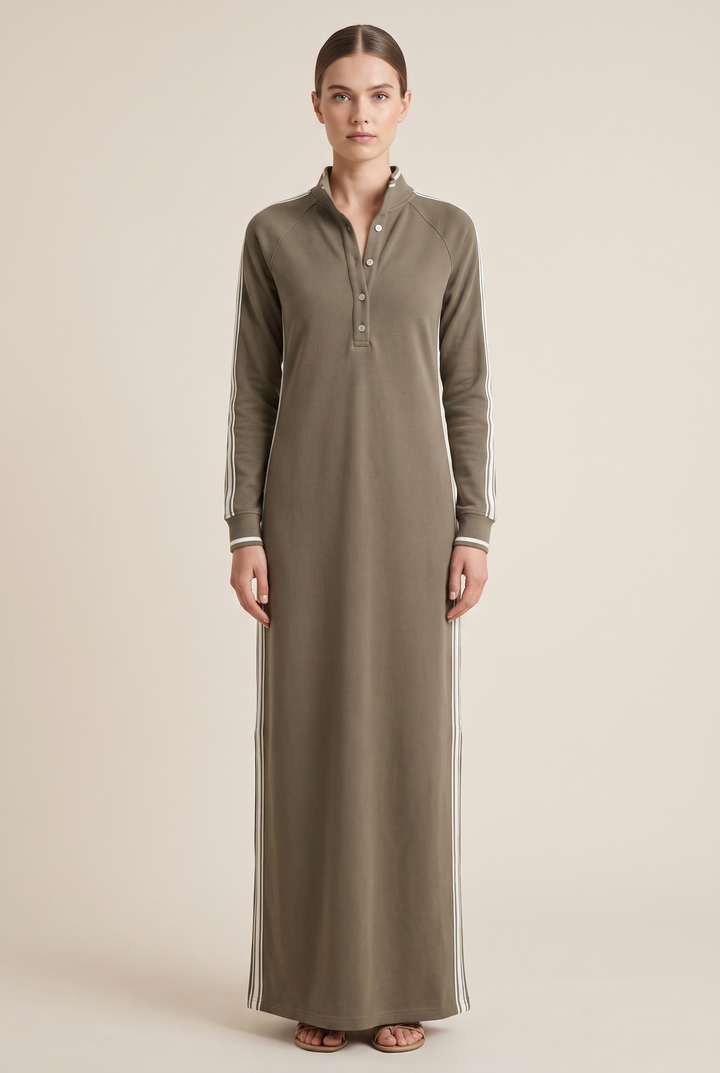 Hannah - Preppy Wedding Guest Dress for Women with Polo Collar and Striped Sleeves