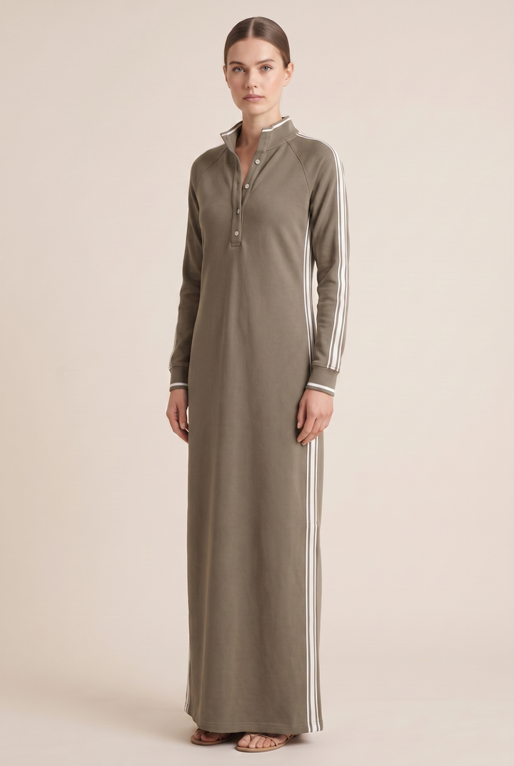Hannah - Preppy Wedding Guest Dress for Women with Polo Collar and Striped Sleeves