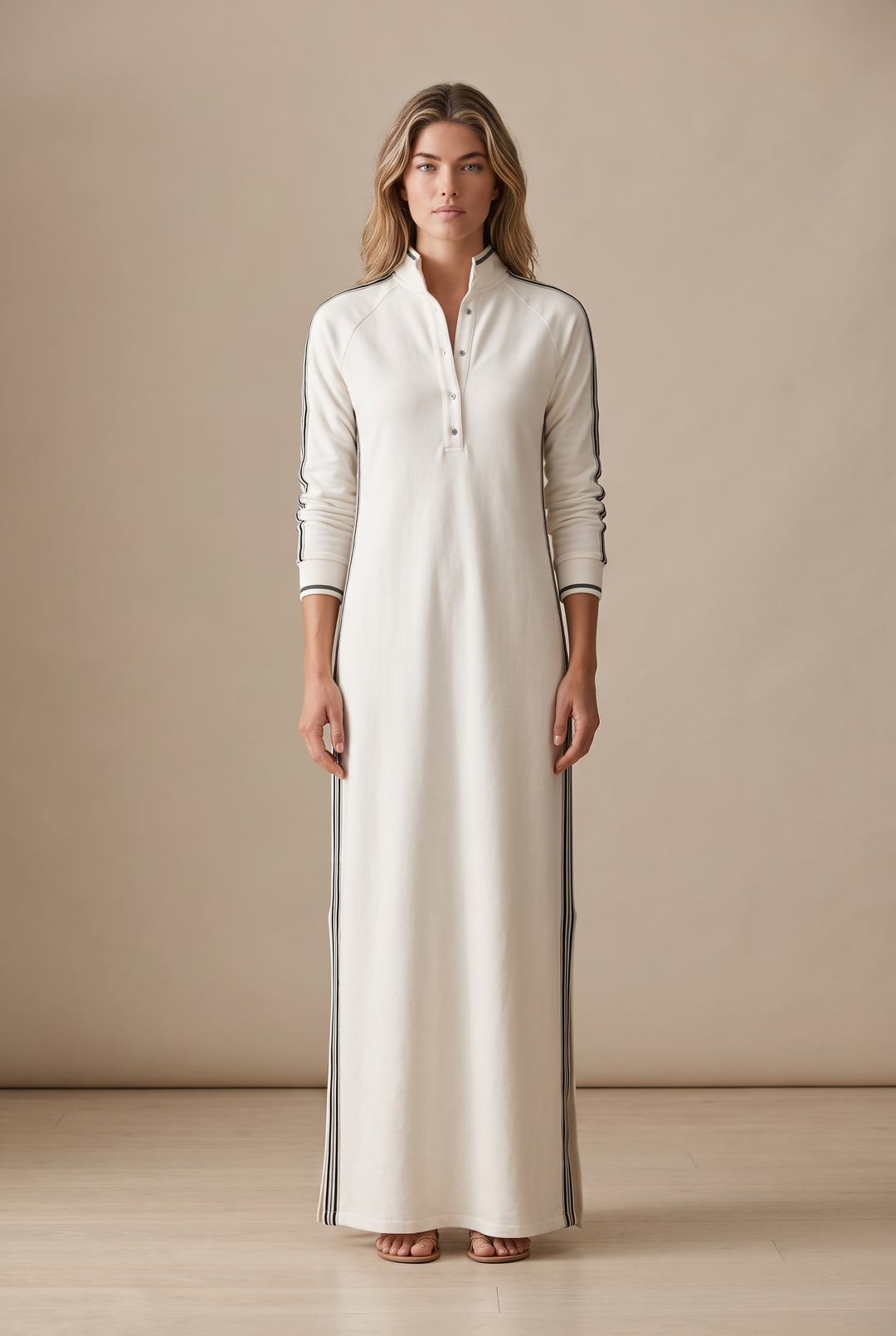 Hannah - Preppy Wedding Guest Dress for Women with Polo Collar and Striped Sleeves