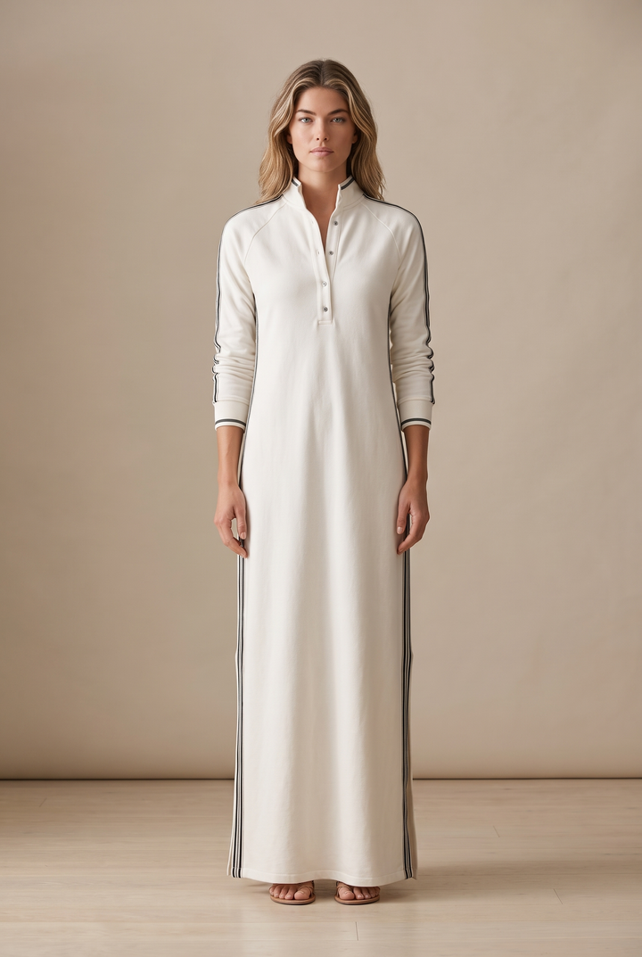 Hannah - Preppy Wedding Guest Dress for Women with Polo Collar and Striped Sleeves