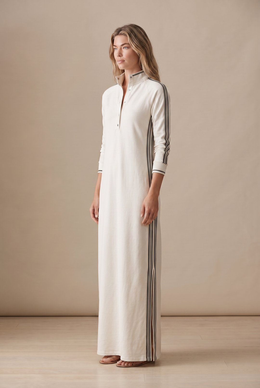 Hannah - Preppy Wedding Guest Dress for Women with Polo Collar and Striped Sleeves