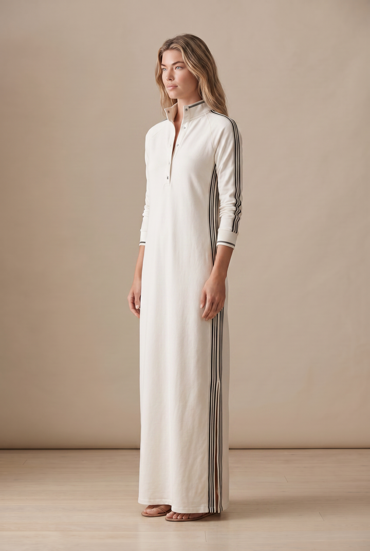 Hannah - Preppy Wedding Guest Dress for Women with Polo Collar and Striped Sleeves