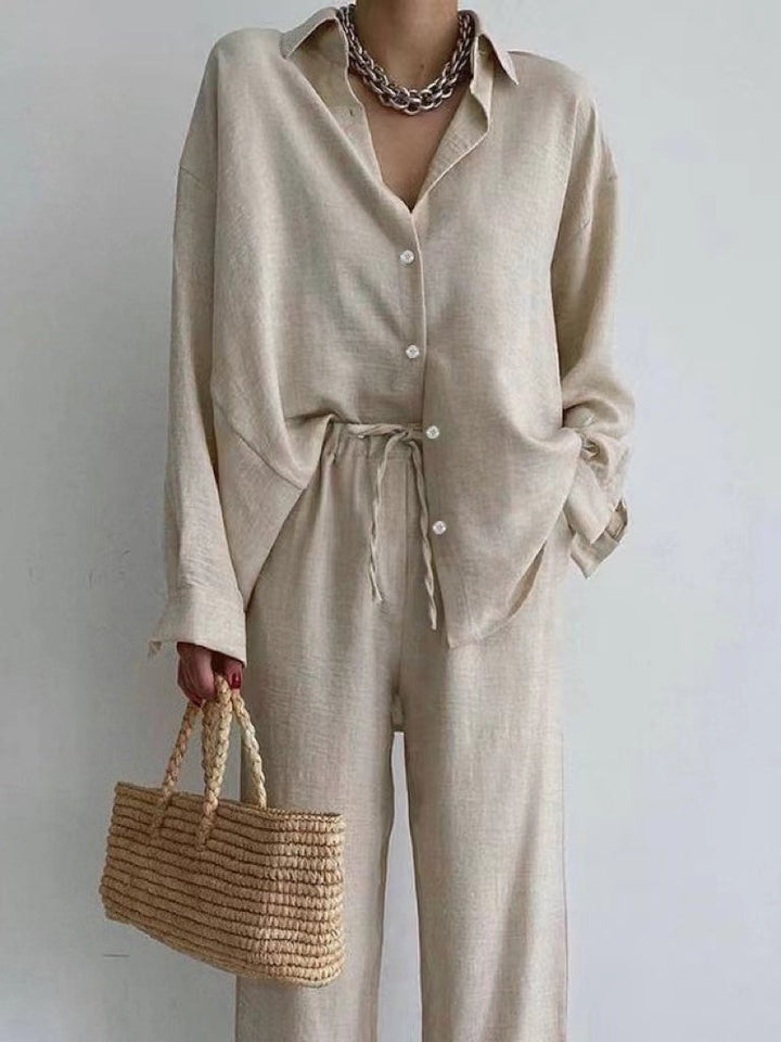 Hannah - Relaxed Women's Linen Set with Oversized Shirt and Wide Leg Trousers