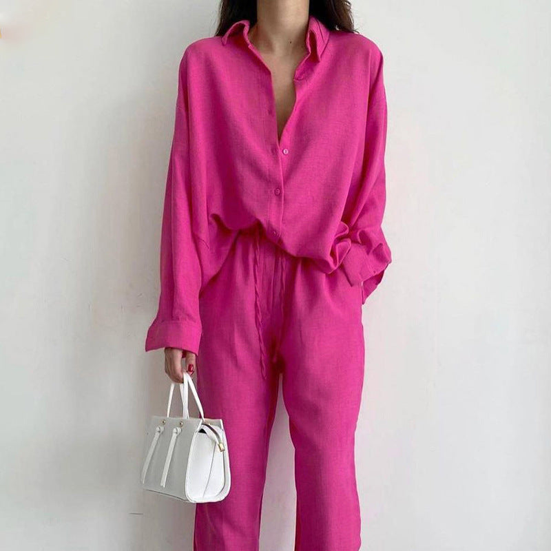 Hannah - Relaxed Women's Linen Set with Oversized Shirt and Wide Leg Trousers