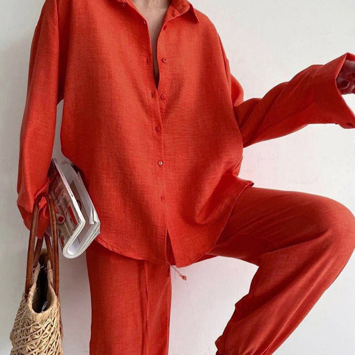 Hannah - Relaxed Women's Linen Set with Oversized Shirt and Wide Leg Trousers
