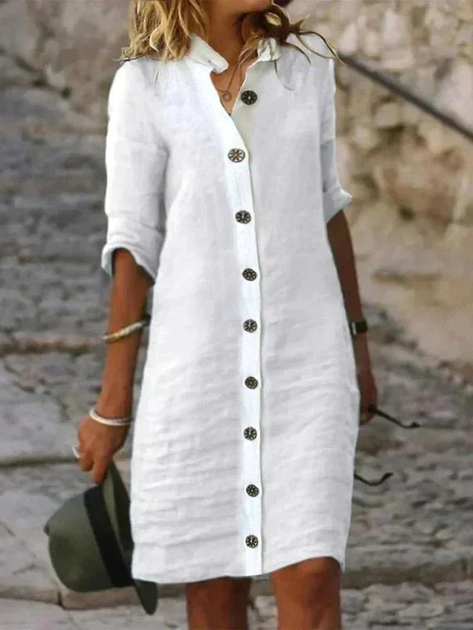 Hannah - Smart Women's Linen Dress with Button Down Collar and Roll Sleeves