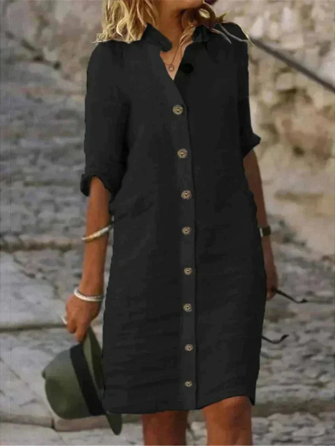 Hannah - Smart Women's Linen Dress with Button Down Collar and Roll Sleeves