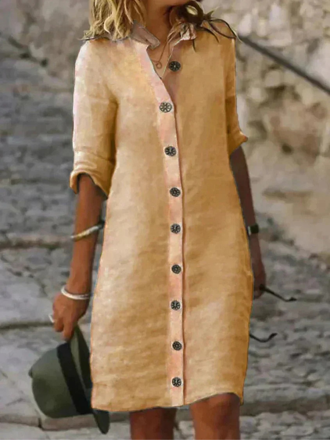 Hannah - Smart Women's Linen Dress with Button Down Collar and Roll Sleeves