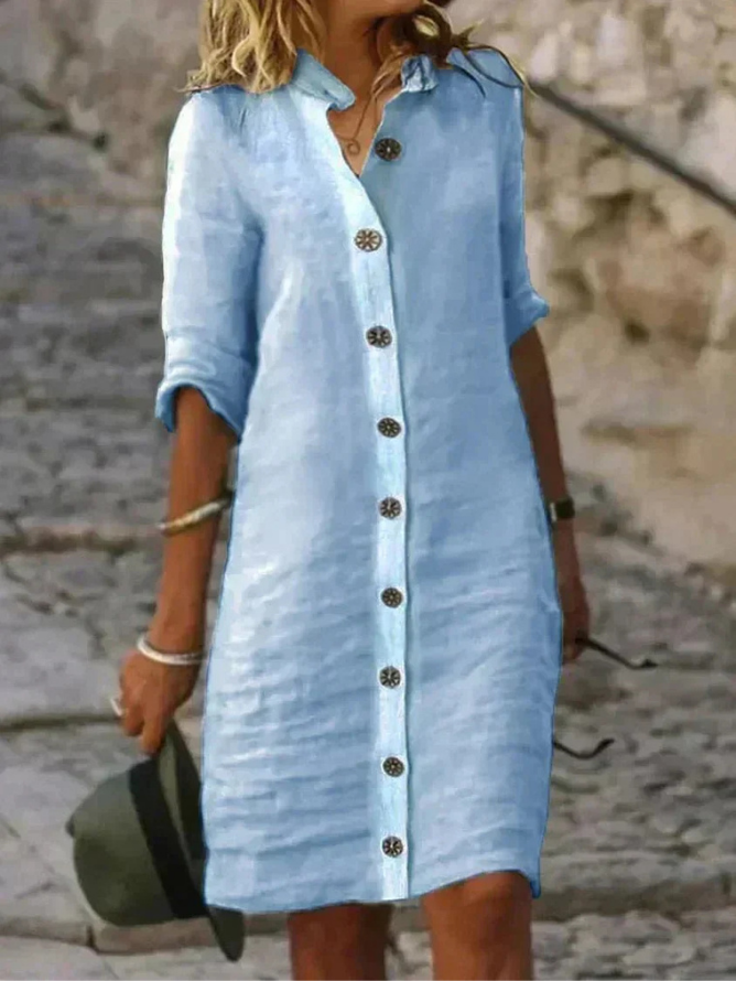 Hannah - Smart Women's Linen Dress with Button Down Collar and Roll Sleeves