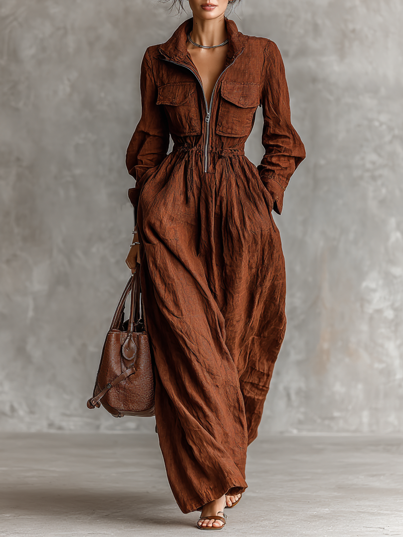 Hannah - Vintage Women's Autumn Wedding Guest Dress with Zip Collar and Drawstring Waist